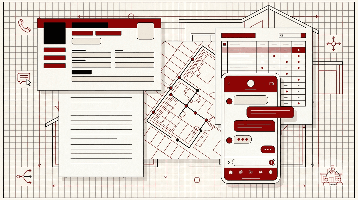 Layered editorial collage of an outreach script, homeowner contact card, route map, property record, and mobile messages over a neighborhood plan