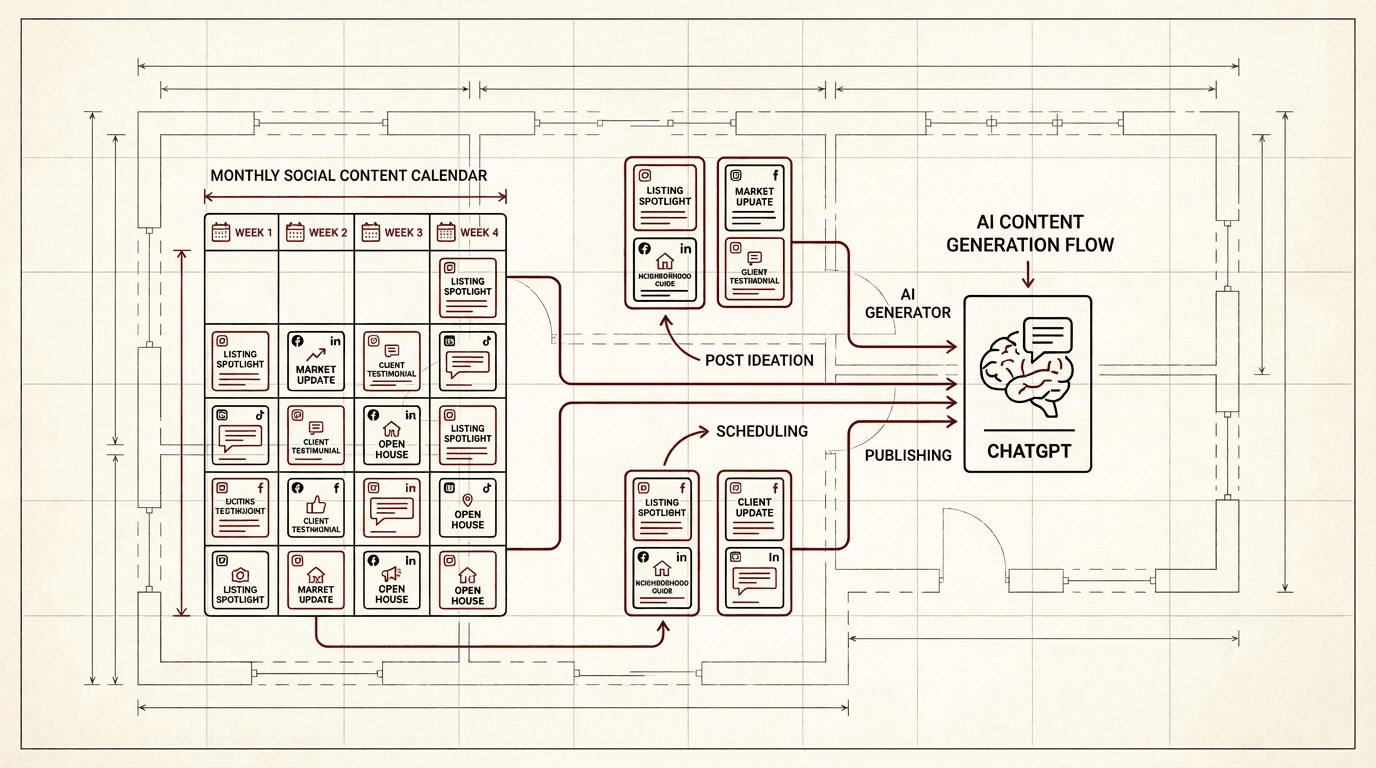 Architectural line-art monthly social media content calendar connected to a house floor plan with black outlines and red accents