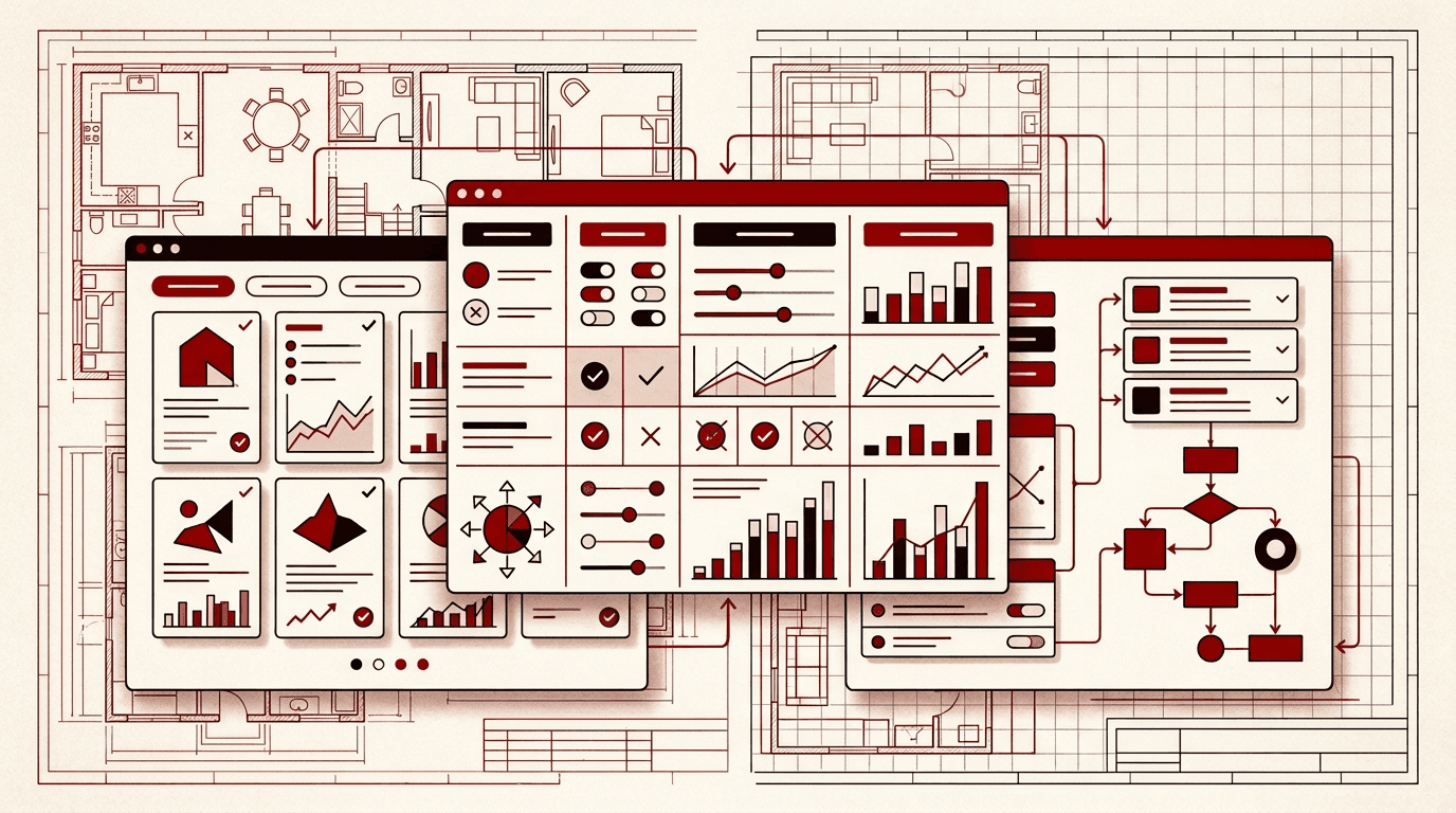 Layered editorial collage of three AI assistant interfaces, property data cards, and comparison controls over an architectural floor plan